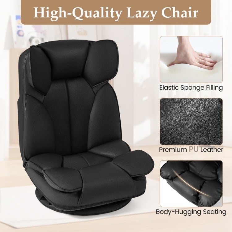 Black 360° swivel gaming chair with adjustable backrest, elastic sponge filling, and premium PU leather for comfort.
