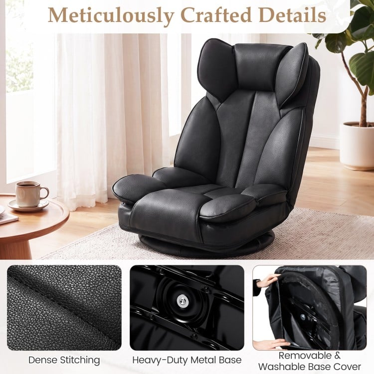 Close-up of the 360-degree swivel floor gaming chair in black, featuring dense stitching and a heavy-duty metal base.