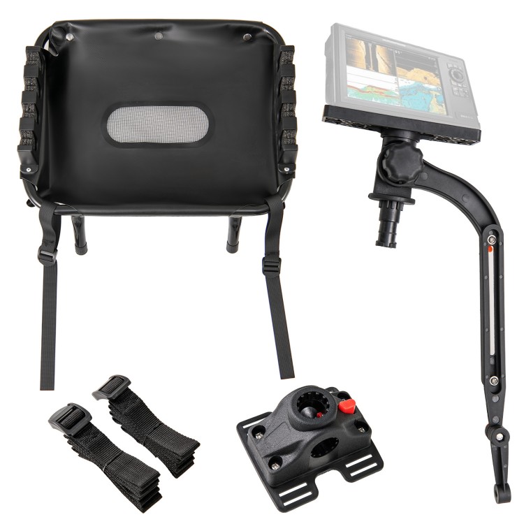 360° rotatable fish finder holder and rod rack with storage basket, designed for inflatable boats and kayaks.