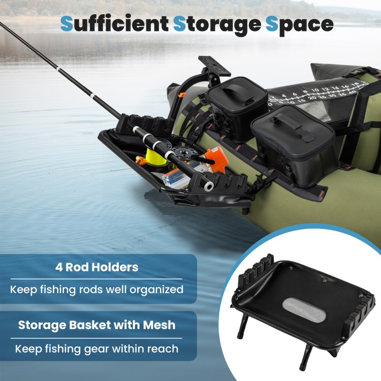 Fishing boat accessory set showing 4 rod holders and a storage basket for organized fishing gear on water.