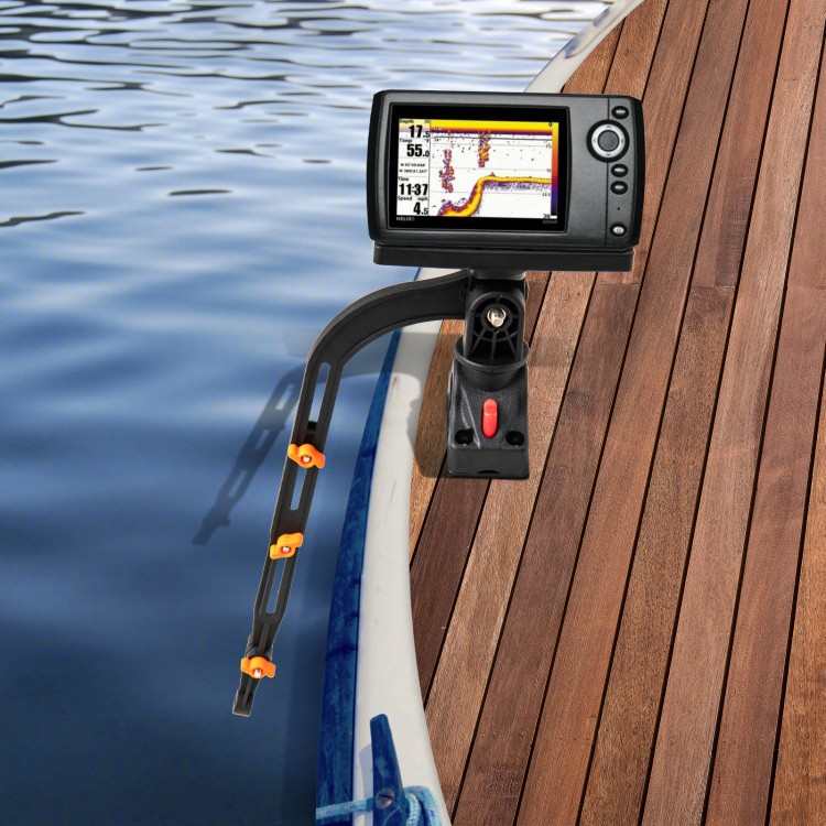 360° rotatable fish finder holder with adjustable bracket, mounted on a fishing boat, ideal for organizing gear.