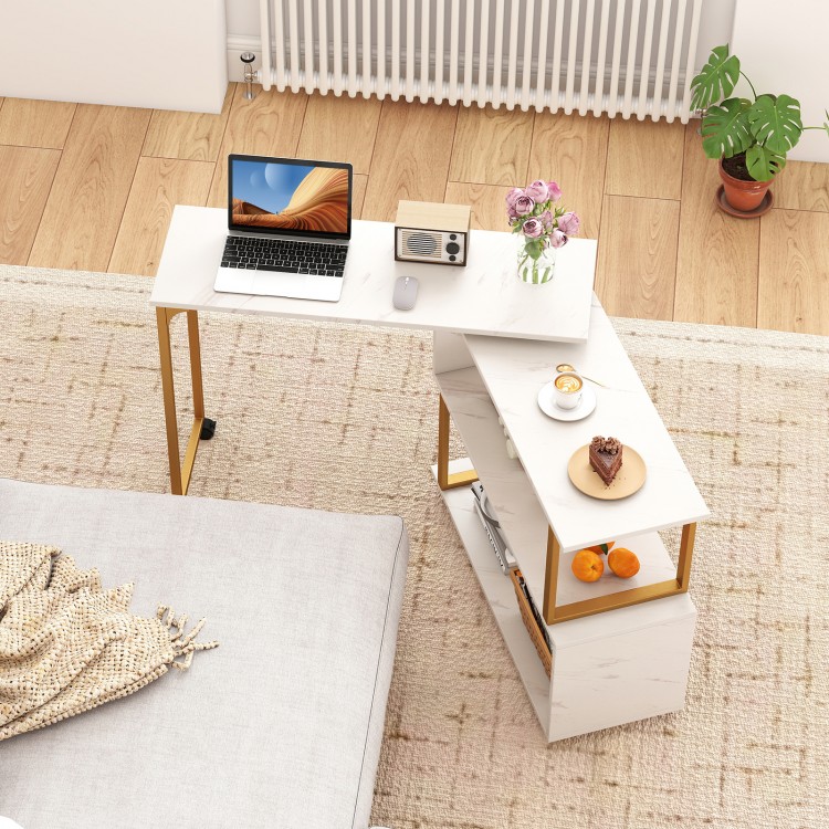 360° rotating sofa side table in white with faux marble top, featuring storage shelf and hooks, ideal for living room.