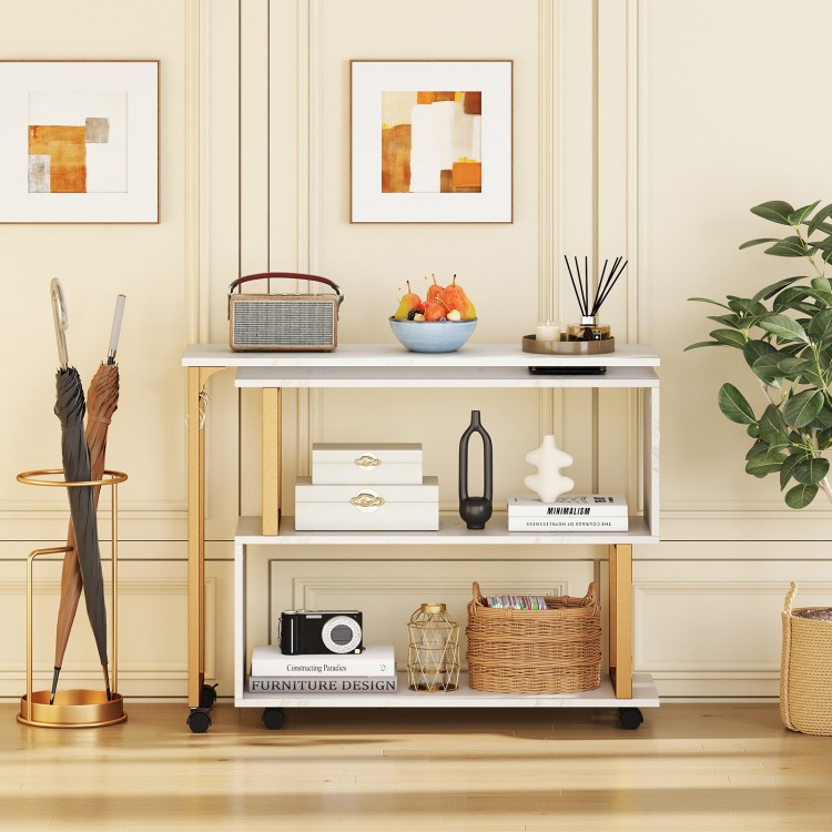 360° rotating sofa side table in white with faux marble top, featuring storage shelves and hooks for living room.