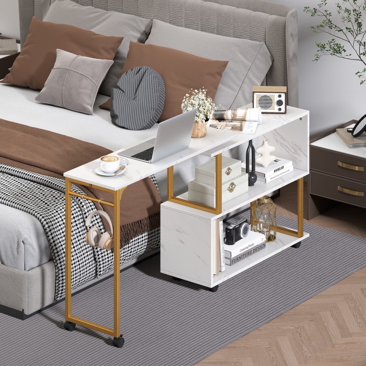 360° rotating sofa side table in white with faux marble top, storage shelf, and hooks, ideal for living room use.