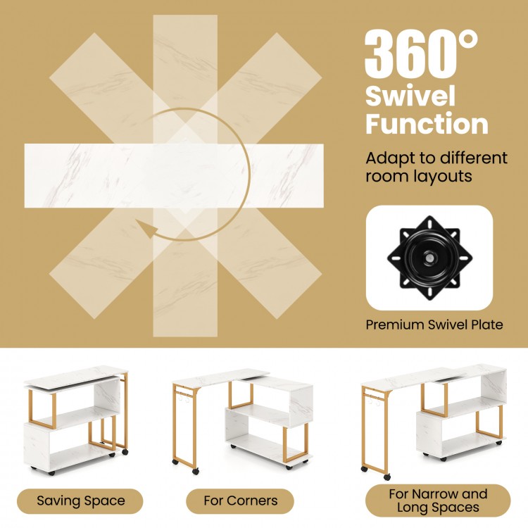 360° rotating sofa side table in white with faux marble top, featuring storage shelf and hooks for versatile living.
