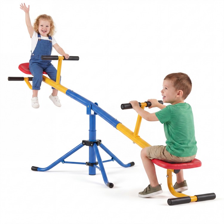 Kids enjoying the 360° rotation seesaw with comfortable molded seats and sturdy triangular structure for safe play.