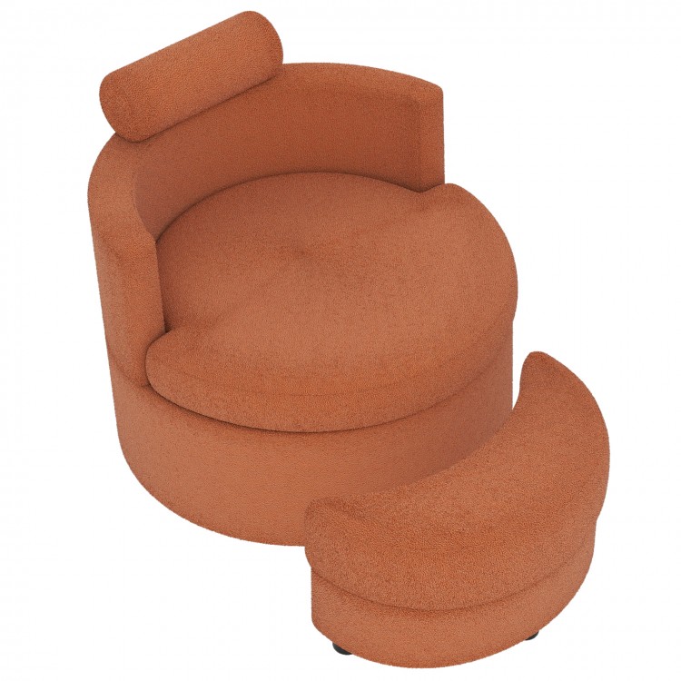 Light brown 360° swivel accent chair with half moon storage ottoman, featuring comfy backrest and hidden storage.