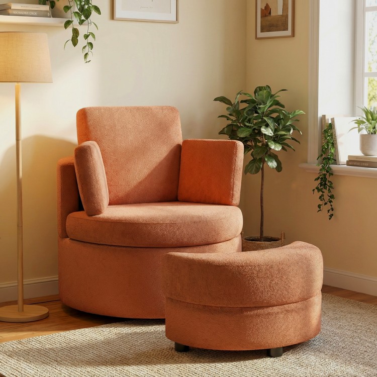 Light brown 360° swivel accent chair showcasing a thick padded seat and curved armrests for optimal comfort and style.
