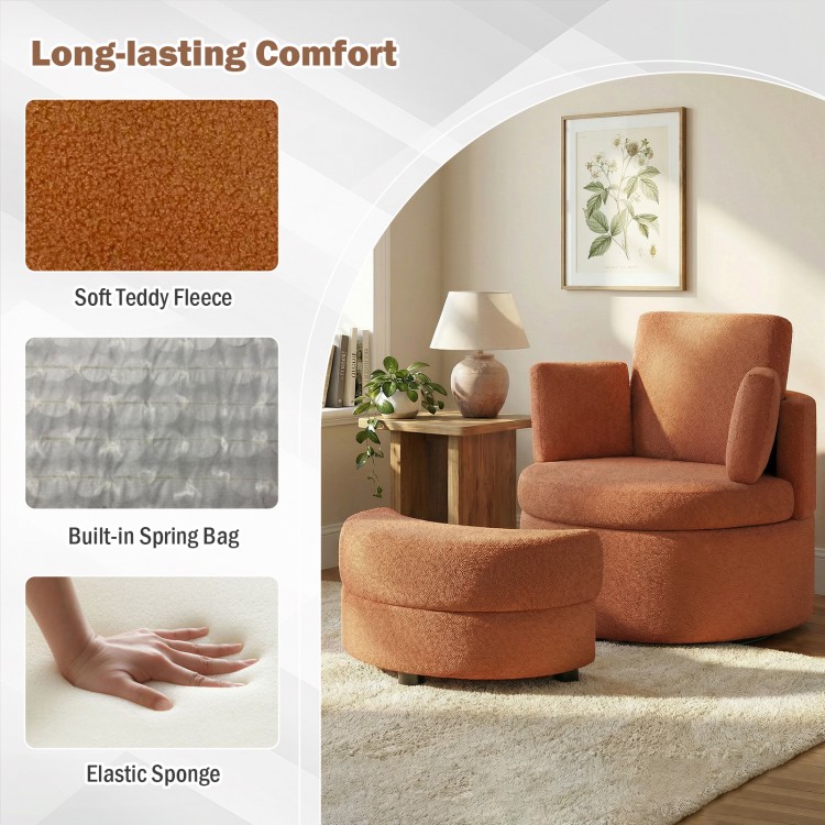 Light brown 360° swivel accent chair with half moon storage ottoman, featuring soft teddy fleece and comfy backrest for.