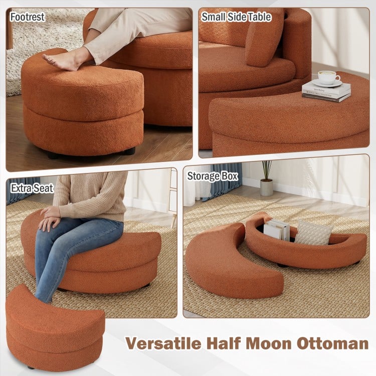 Versatile half moon ottoman in light brown, serving as a footrest, side table, and storage box for added convenience.