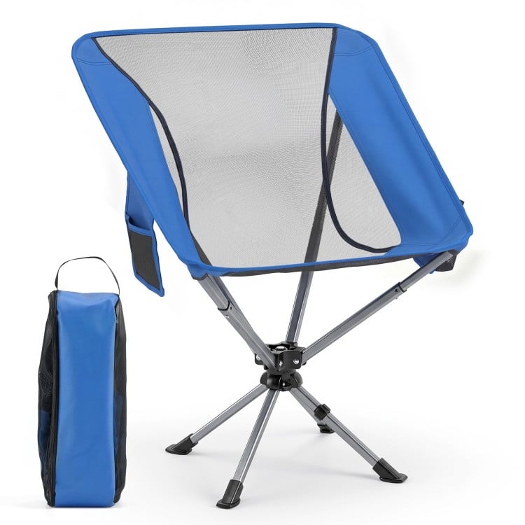 360° swivel camping chair in blue features breathable mesh, cup holder, and folds compactly for easy transport.