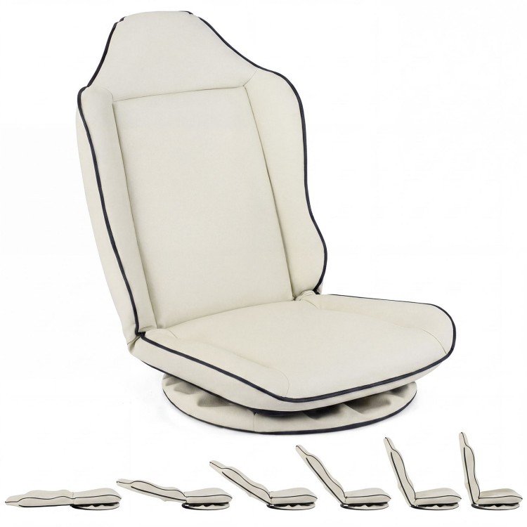 Beige 360° swivel floor gaming chair with 5-level adjustable backrest for ergonomic support and comfort.