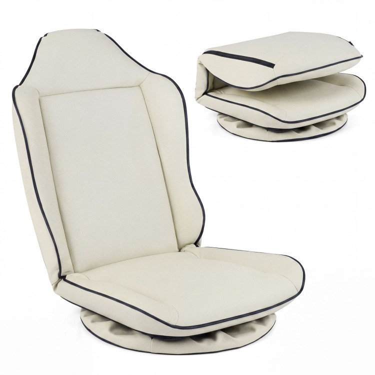 Beige 360° swivel floor gaming chair with adjustable backrest for ergonomic comfort and easy maintenance.