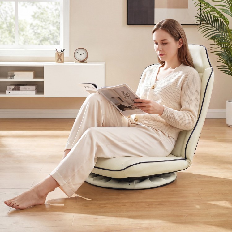 Beige 360° swivel floor gaming chair with adjustable backrest, providing ergonomic support for comfortable seating.