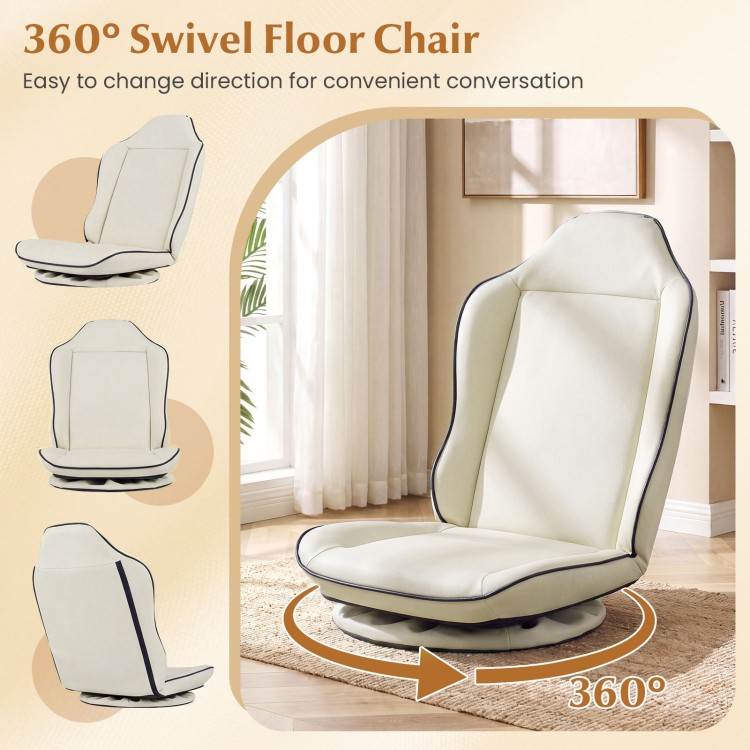 Beige 360° swivel floor gaming chair with adjustable backrest for ergonomic support and easy maintenance.