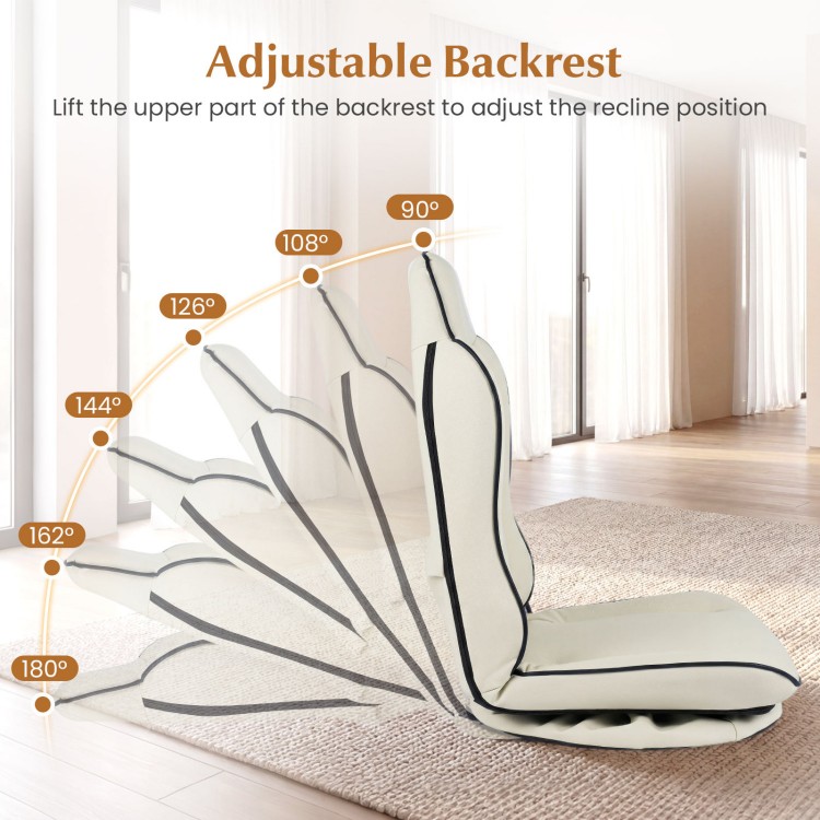 Adjustable backrest of the 360° swivel floor gaming chair in beige, showcasing five recline positions for ergonomic.