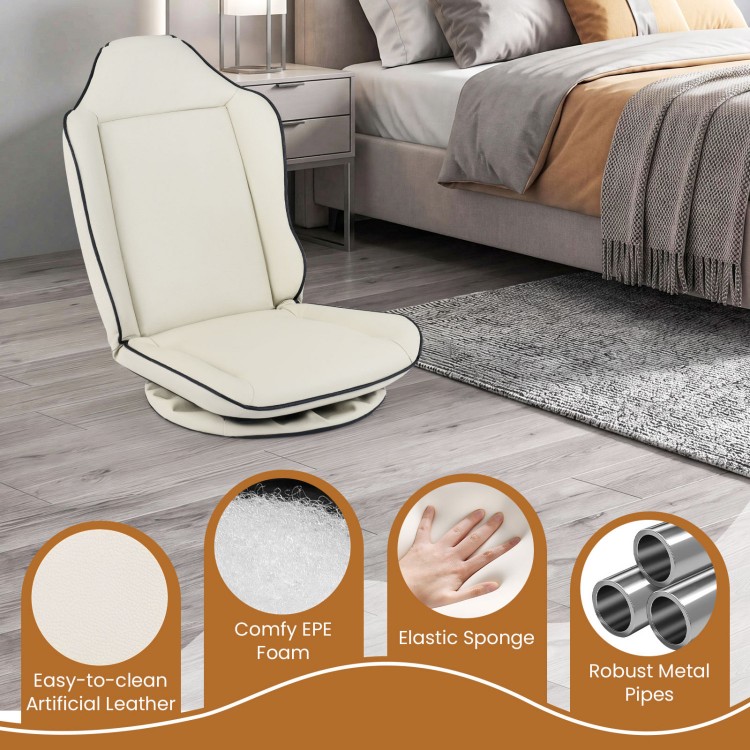Beige 360° swivel floor gaming chair with adjustable backrest, featuring easy-to-clean artificial leather and ergonomic.