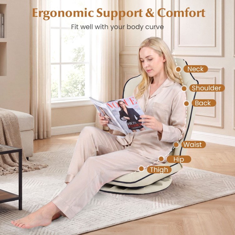 Beige 360° swivel floor gaming chair with adjustable backrest, providing ergonomic support for neck, back, and thighs.