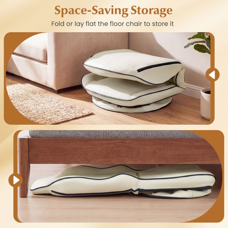 Space-saving storage for the beige 360° swivel floor gaming chair, showcasing folded cushions under a sofa.