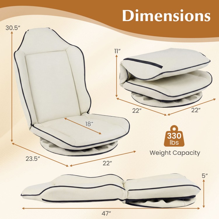 360° swivel floor gaming chair in beige with adjustable backrest, featuring ergonomic support and easy-to-clean.