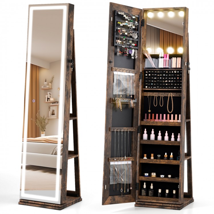 360° swivel freestanding jewelry cabinet in rustic brown with LED lighted full-length mirror and ample storage for.
