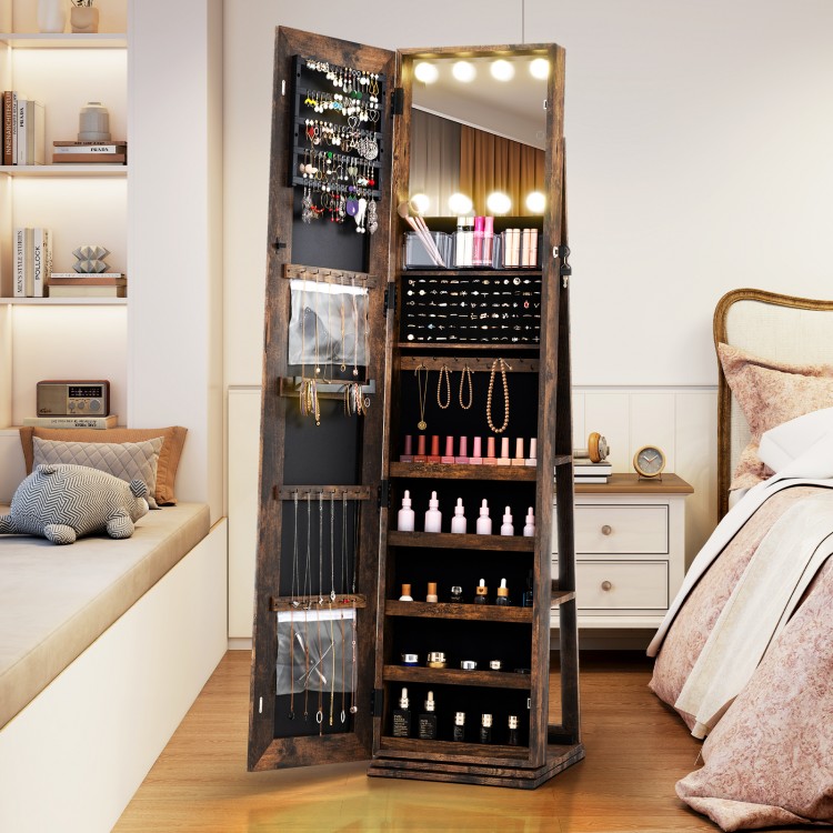 360° swivel jewelry cabinet in rustic brown with LED lights, full-length mirror, and ample storage for cosmetics and.
