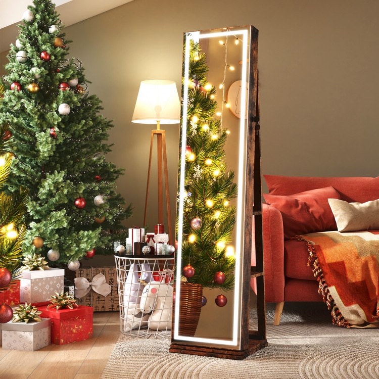 360° swivel freestanding jewelry cabinet in rustic brown with lighted full-length mirror and open storage shelves.