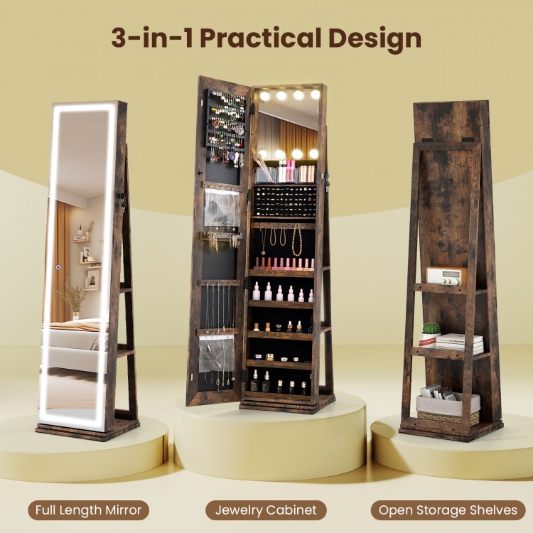 360° swivel jewelry cabinet in rustic brown with LED full-length mirror and open storage shelves for easy access.