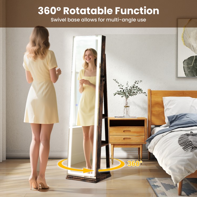 Freestanding 360° swivel jewelry cabinet with LED lighted full-length mirror in rustic brown for easy access and.