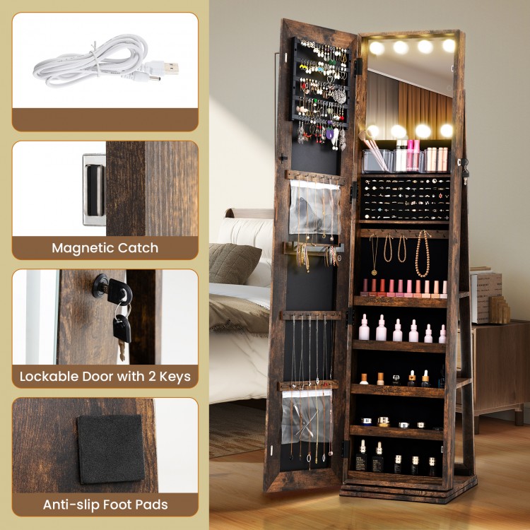 360° swivel jewelry cabinet in rustic brown with LED lighted mirror, open shelves, and lockable door for secure storage.