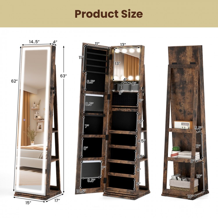 360° swivel jewelry cabinet in rustic brown with LED mirror, open shelves, and ample storage for cosmetics and jewelry.