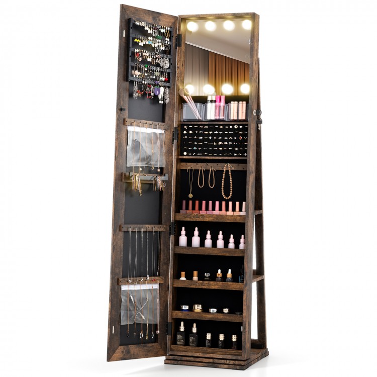 360° swivel jewelry cabinet in rustic brown with LED lights, open shelves, and full-length mirror for easy access.