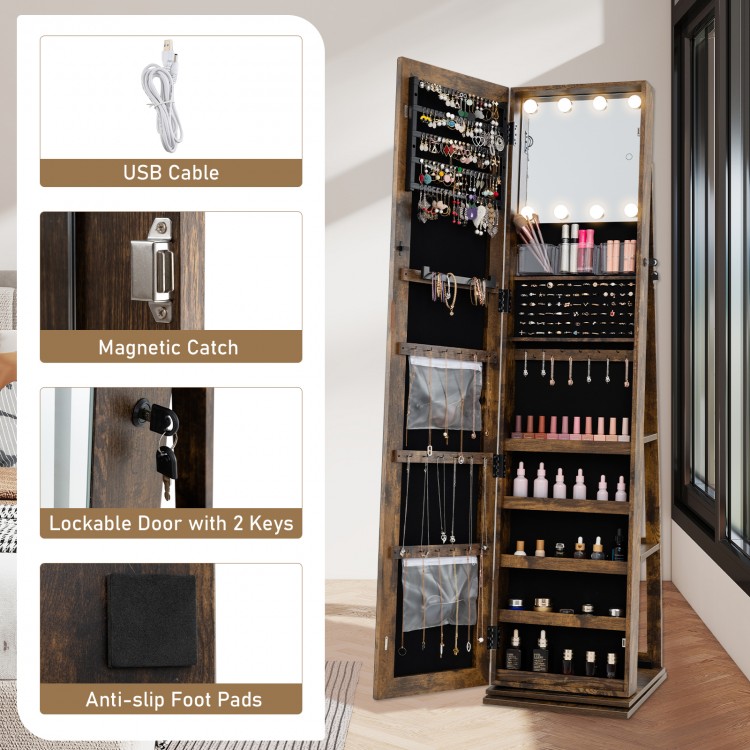 Side view of the 360° swivel jewelry cabinet in rustic brown, showcasing the lockable door and magnetic catch for.