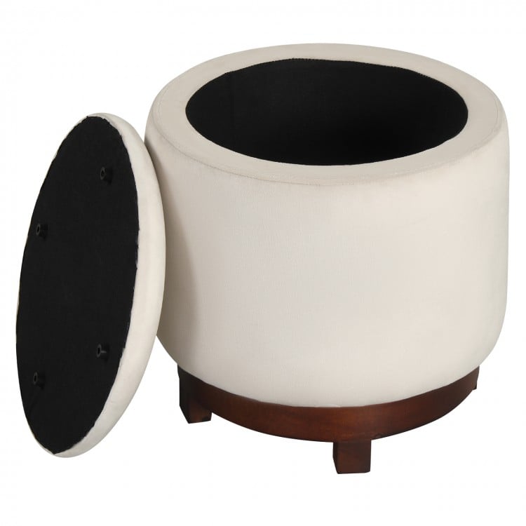 Beige 360° swivel velvet footrest with hidden storage and acacia wood base, perfect for living room use.