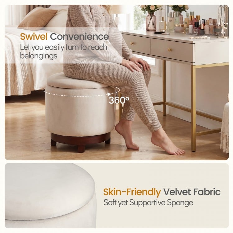 Beige 360° swivel velvet footrest with hidden storage, featuring soft sponge and sturdy acacia wood frame for living.