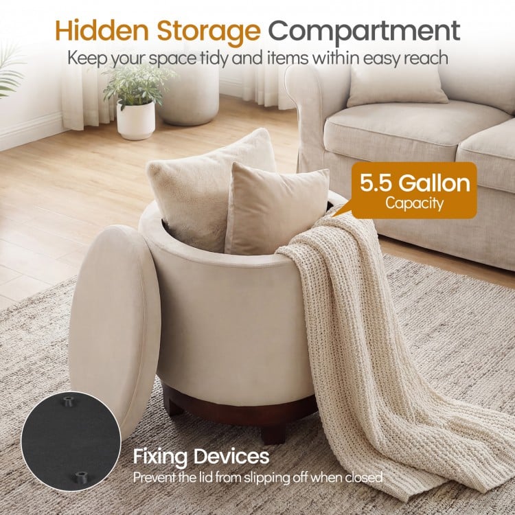 Beige 360° swivel velvet footrest with hidden storage compartment and 5.5-gallon capacity for living room organization.