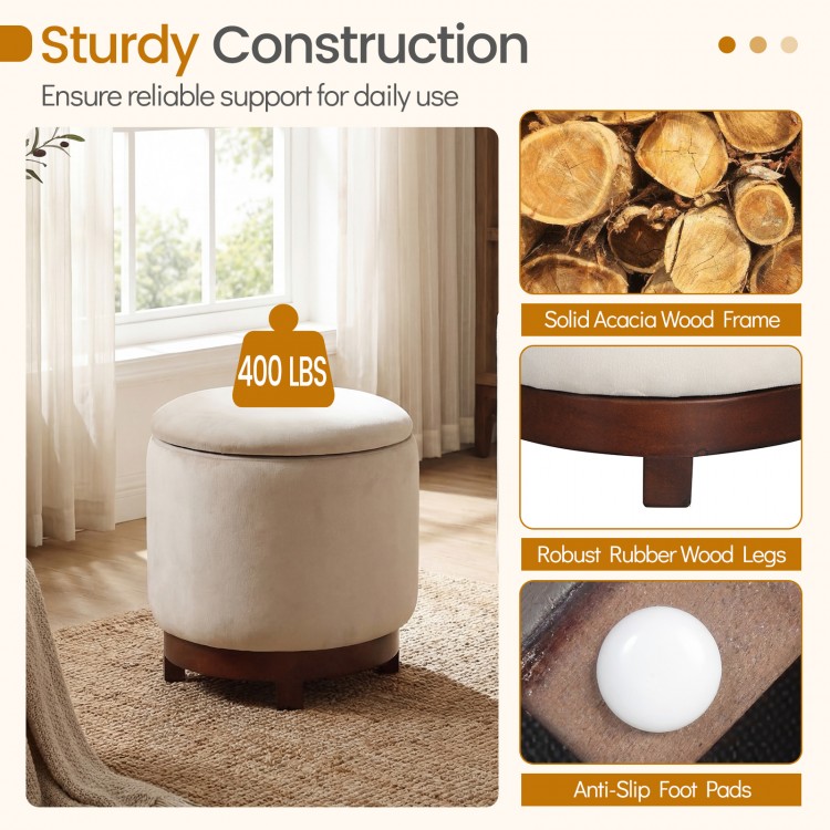 Beige 360° swivel velvet footrest with hidden storage, solid acacia wood frame, supports 400 lbs, ideal for living room.