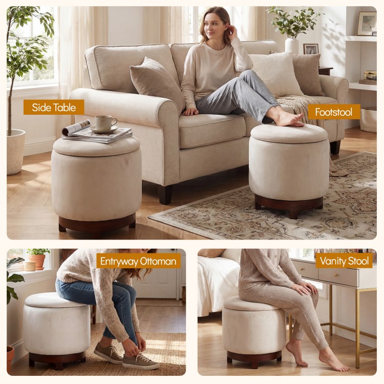 Beige 360° swivel velvet footrest with hidden storage, serving as a side table and footstool for versatile living room.