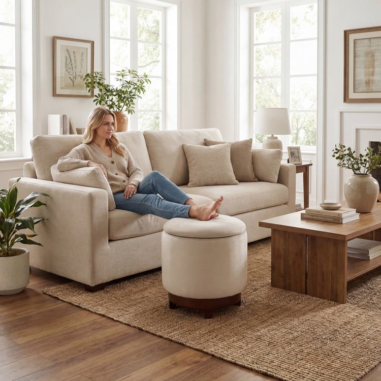 Beige 360° swivel footrest with hidden storage, soft velvet fabric, and sturdy acacia wood frame for versatile living.