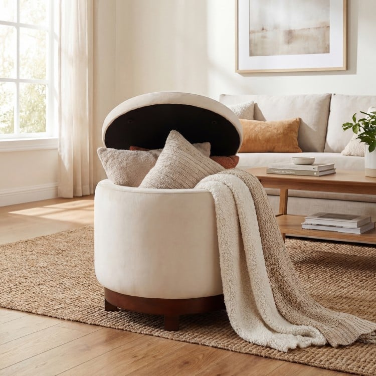 Beige 360° swivel velvet footrest with hidden storage, featuring a solid acacia wood frame for versatile living room.