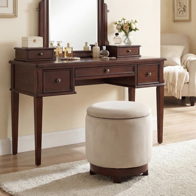 Beige 360° swivel velvet footrest with hidden storage, sturdy acacia wood frame, perfect for living room use.