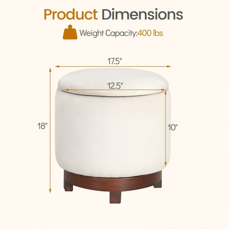 Beige 360° swivel velvet footrest with hidden storage, 18" height, solid acacia wood base, ideal for living room use.