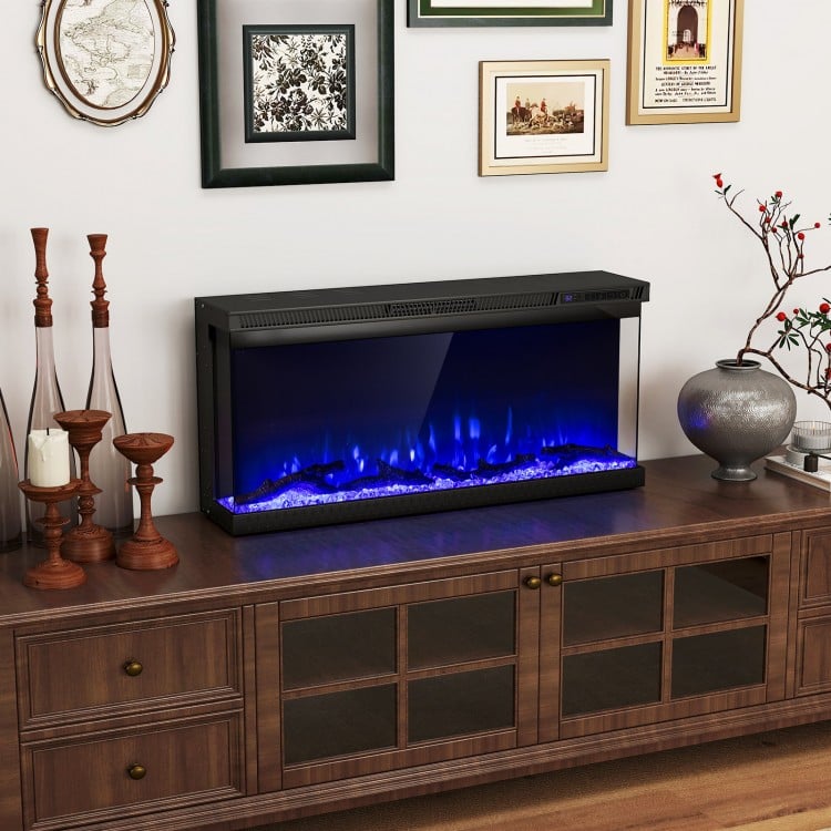 Three-sided 36-inch electric fireplace insert with remote control, featuring 12 flame colors for modern living room.