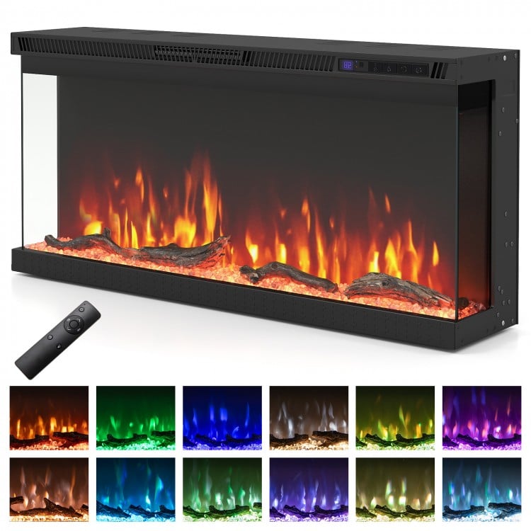Three-sided electric fireplace insert with remote control, featuring 12 flame colors for customizable ambiance and 750W.