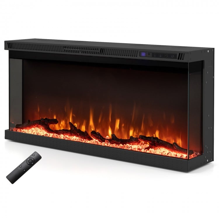 Three-sided electric fireplace insert with remote control, featuring 12 flame colors and sleek modern design for.