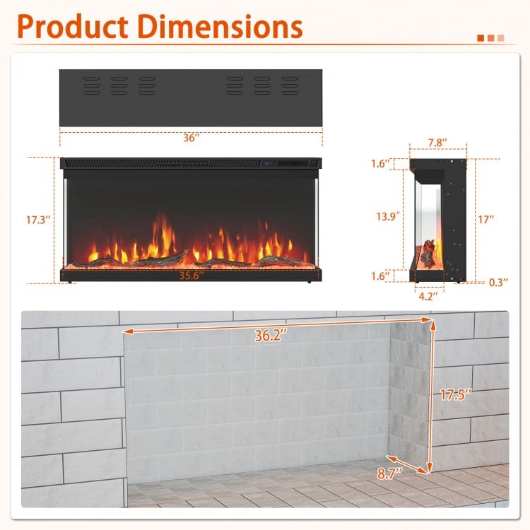 Product dimensions of the 36-inch 3-sided electric fireplace insert with remote control for modern wall installation.