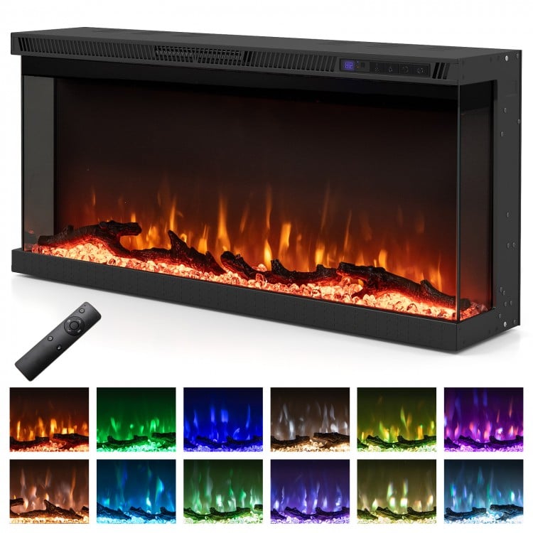 Three-sided electric fireplace insert with remote control, 12 flame colors, and sleek design for modern living rooms.