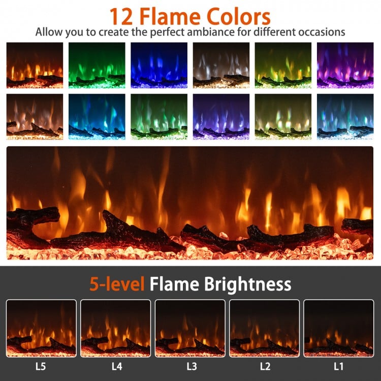 3-sided electric fireplace insert showcasing 12 flame colors and 5-level brightness for customizable ambiance.