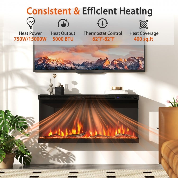 Three-sided electric fireplace insert with remote control, 12 flame colors, and 5000 BTU heat output for cozy ambiance.