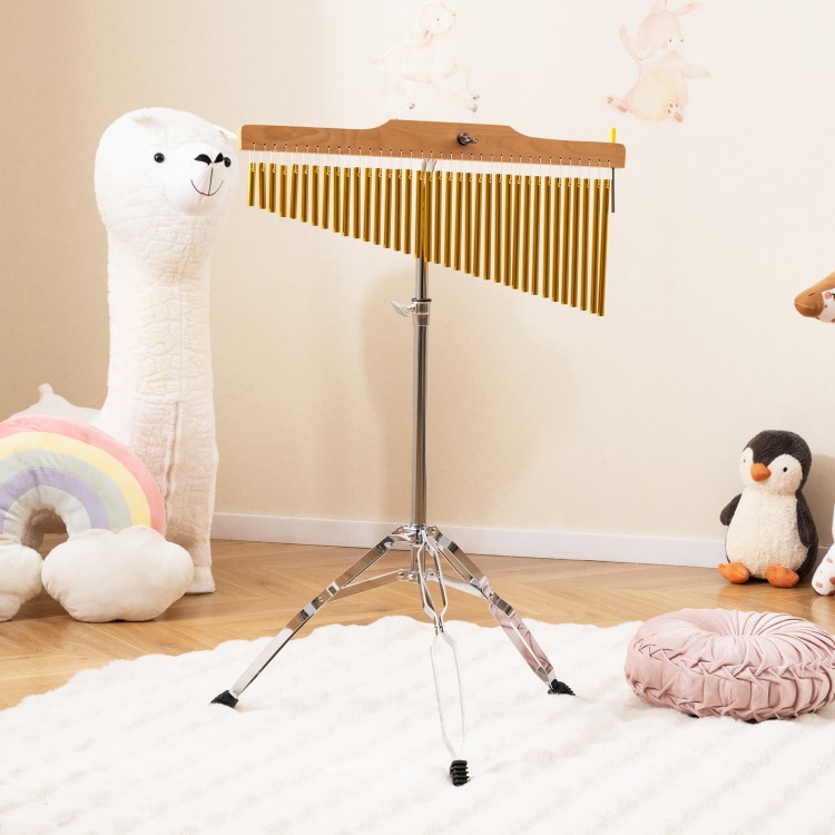 Single-row 36-bar golden chimes with adjustable height and beech wood support, ideal for music lessons and performances.